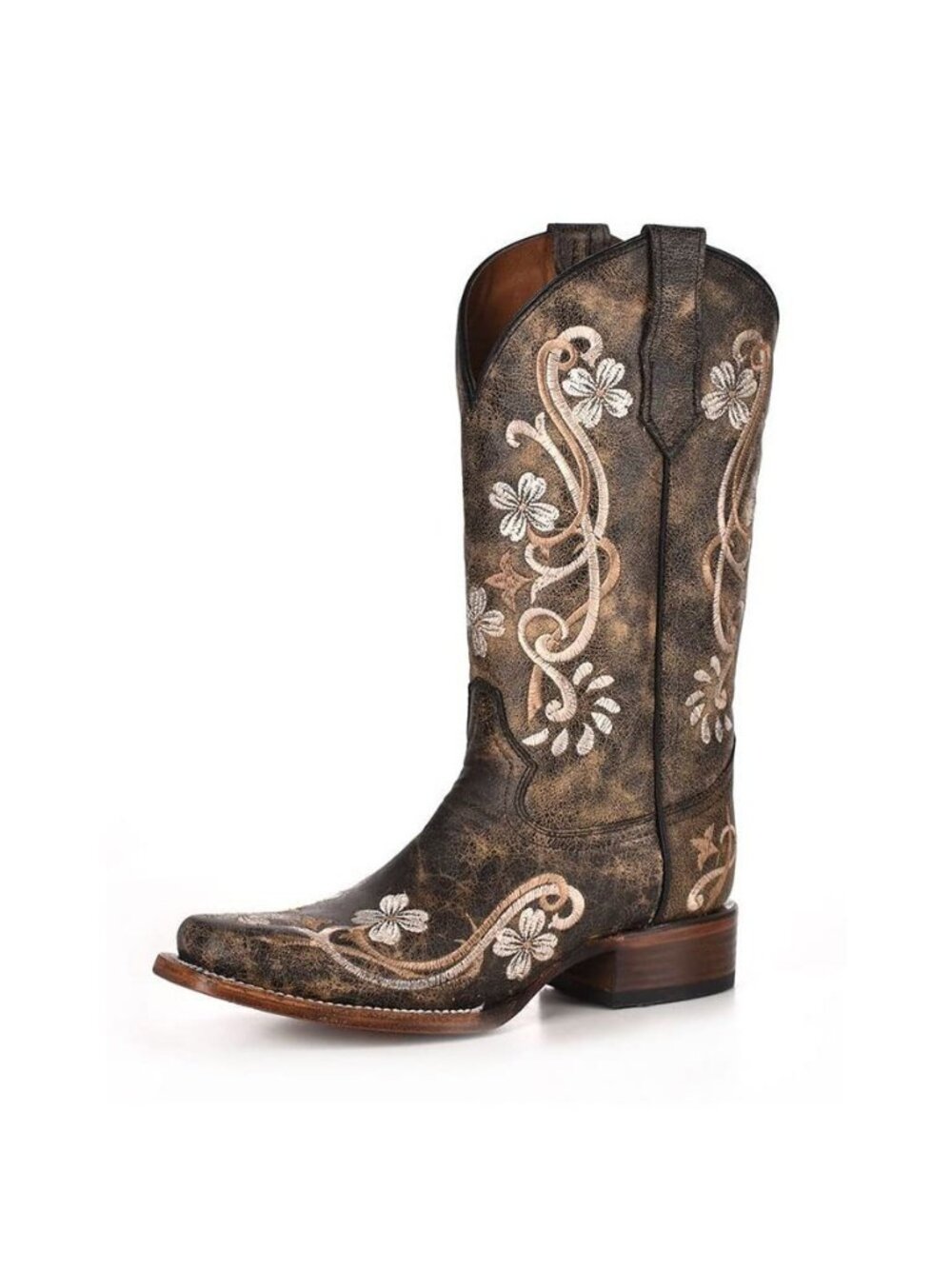 Womens Distressed Embroidered Snip Toe Pull On Casual Boots Mid Calf Low Heel